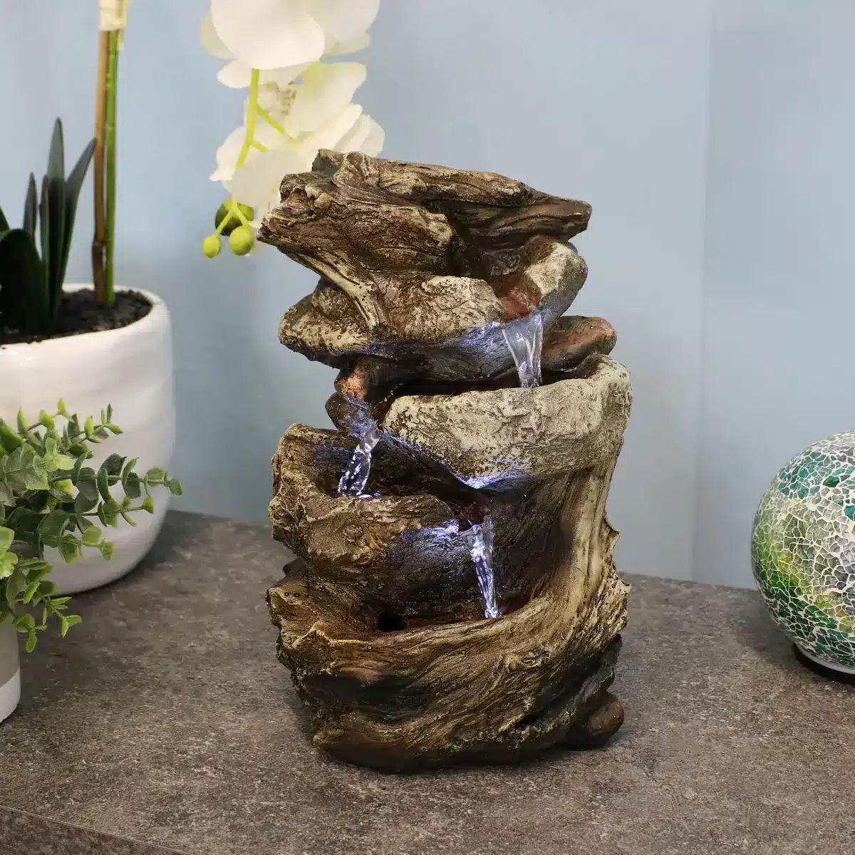 Tiered Rock & Log Indoor Waterfall Fountain with LED Lights