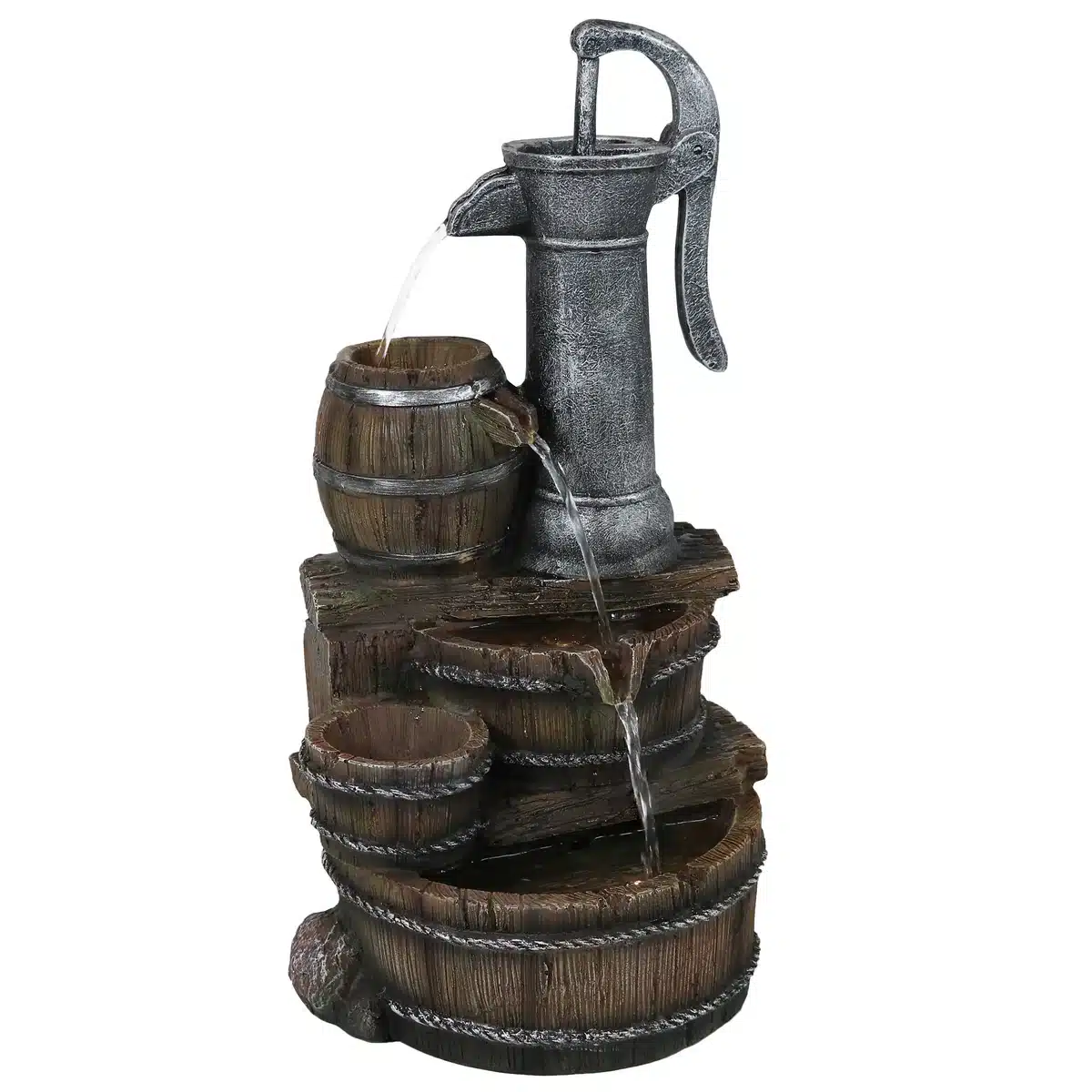 Cozy Farmhouse Pump and Barrels Outdoor Fountain with Lights Cozy Farmhouse Pump and Barrels Outdoor Fountain with Lights