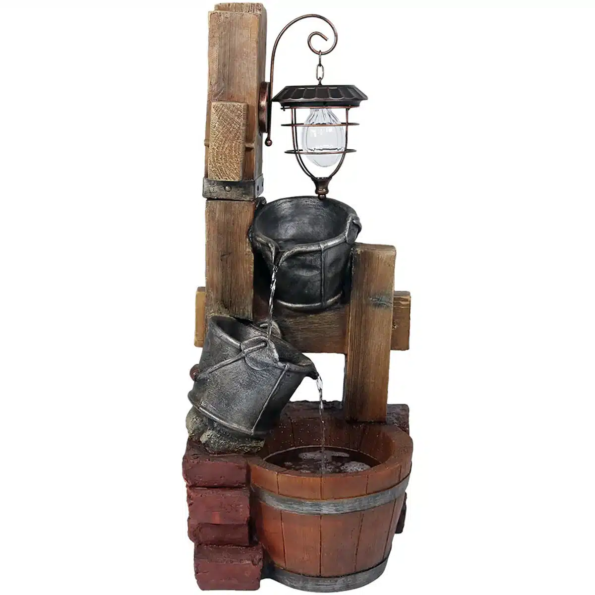 Rustic Pouring Buckets Outdoor Fountain with Solar Lantern